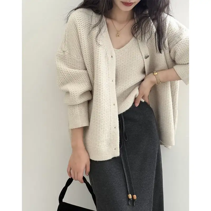 3colors ニット カーディガンセット タンクトップ付き シングルブレスト