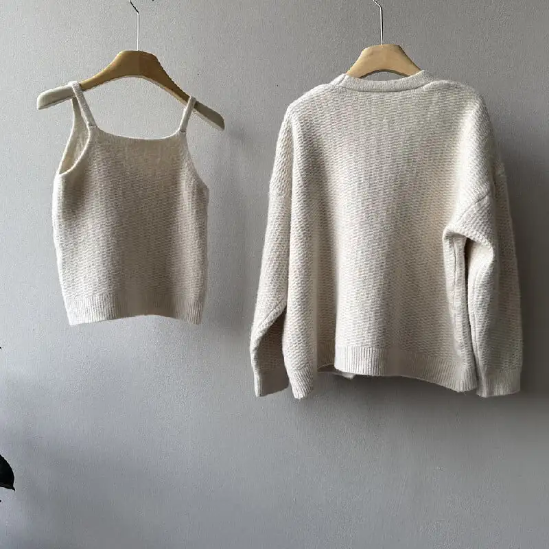 3colors ニット カーディガンセット タンクトップ付き シングルブレスト