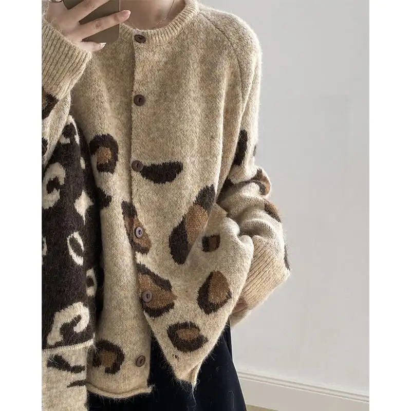 レオパード ニットセーター カーディガン マフラー付き ライトブラウン グレー