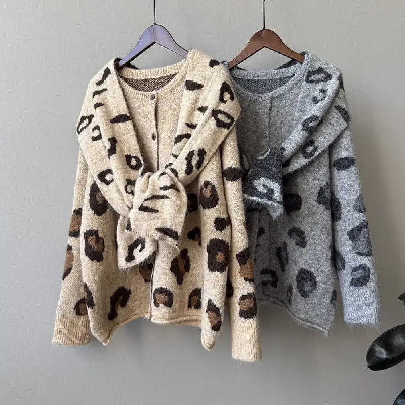 レオパード ニットセーター カーディガン マフラー付き ライトブラウン グレー
