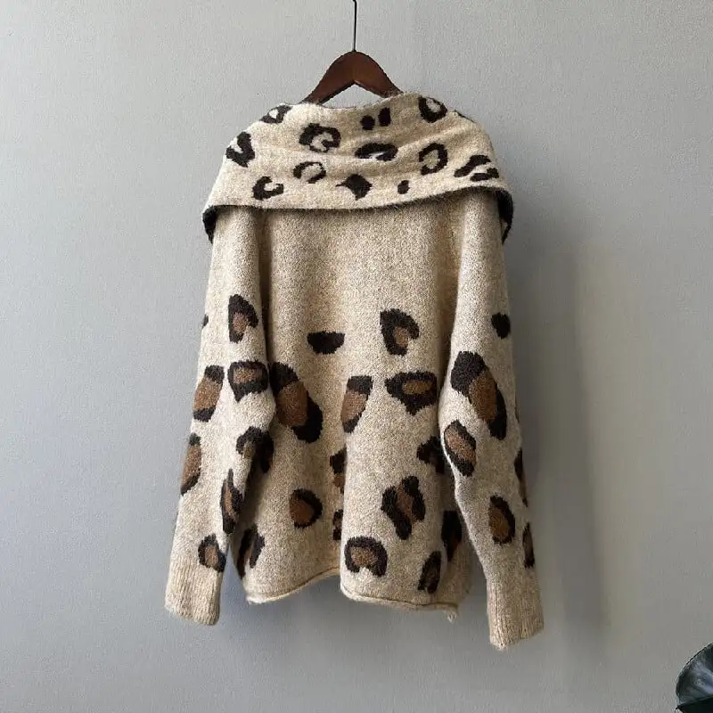 レオパード ニットセーター カーディガン マフラー付き ライトブラウン グレー