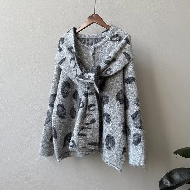 レオパード ニットセーター カーディガン マフラー付き ライトブラウン グレー
