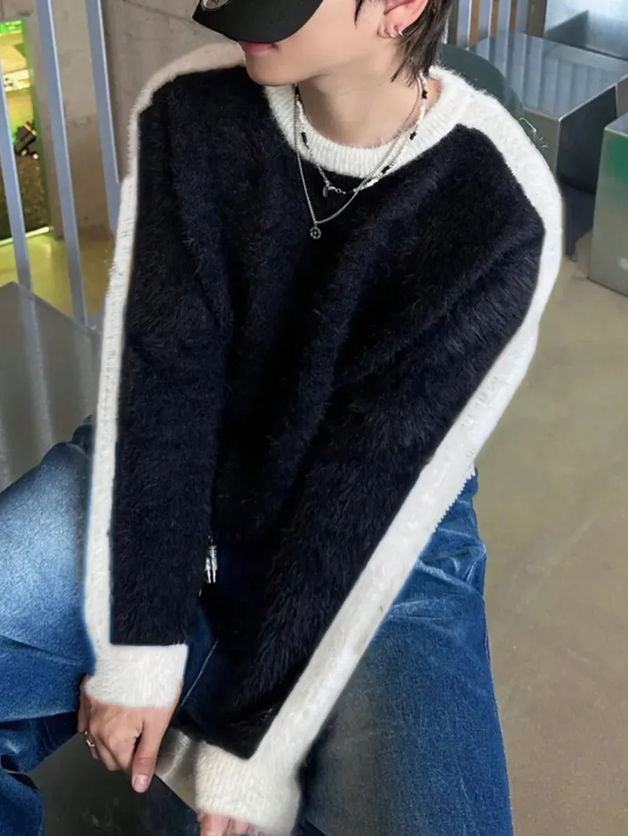 ユニセックス ルーズフィット カジュアル コントラストカラー ニットセーター