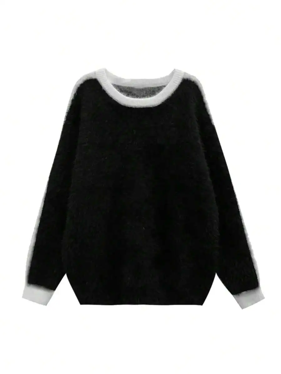 ユニセックス ルーズフィット カジュアル コントラストカラー ニットセーター