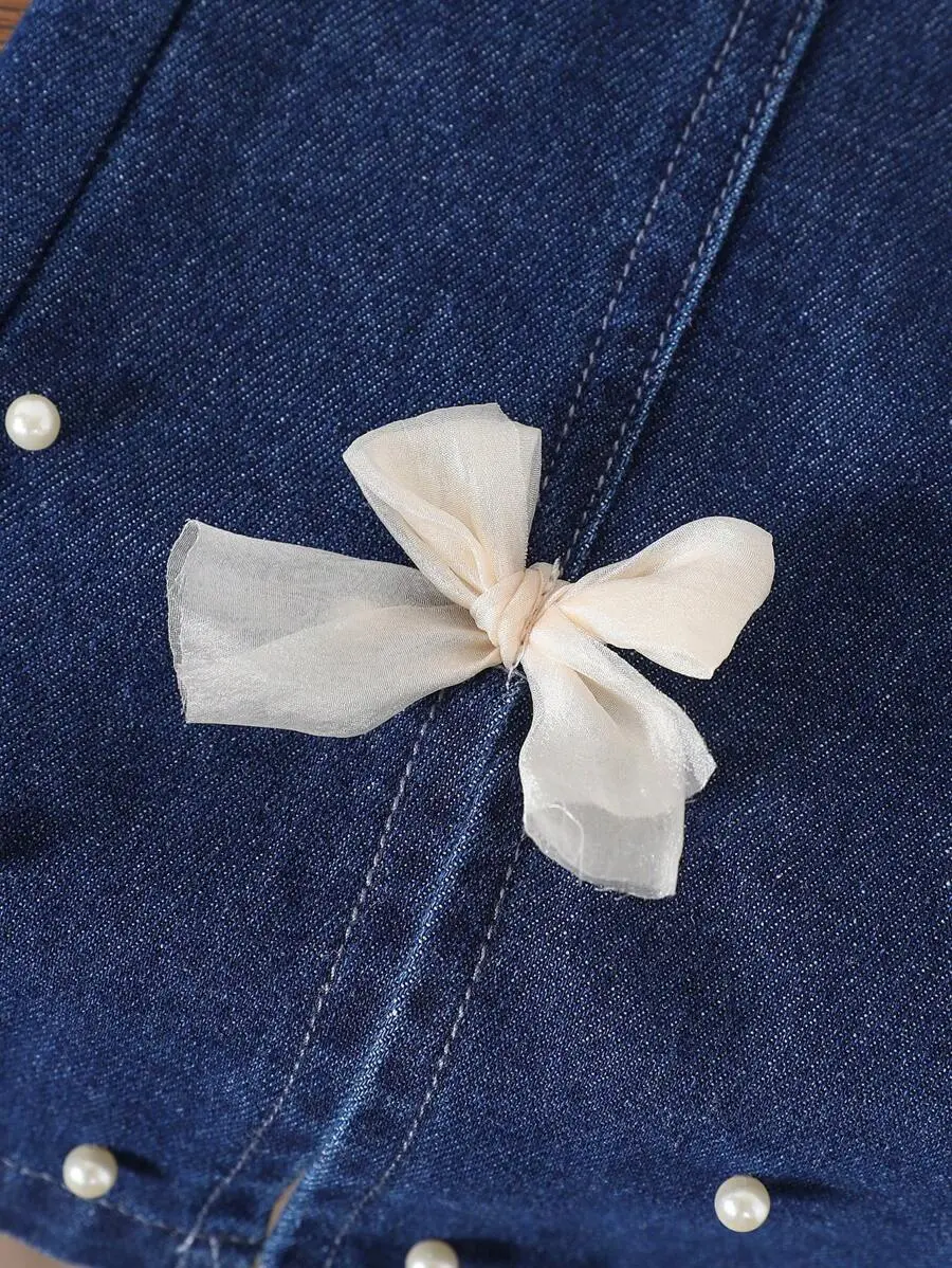 ファッション フェイクパール リボン デニム フレアジーンズ