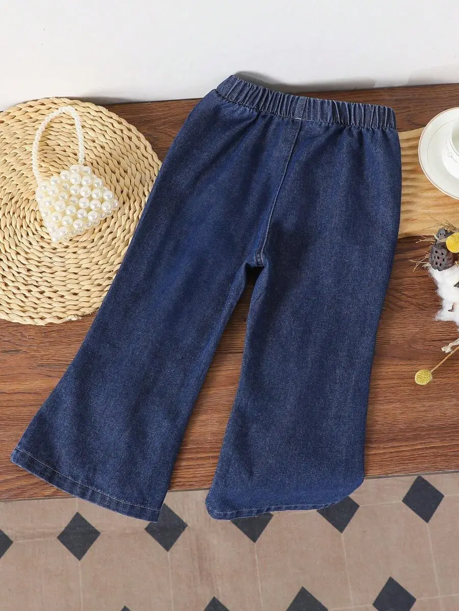 ファッション フェイクパール リボン デニム フレアジーンズ