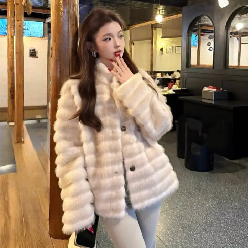 アウター 2色展開 フェイクファー ジャケット スタンドカラーデザイン コーヒー色 ベージュ