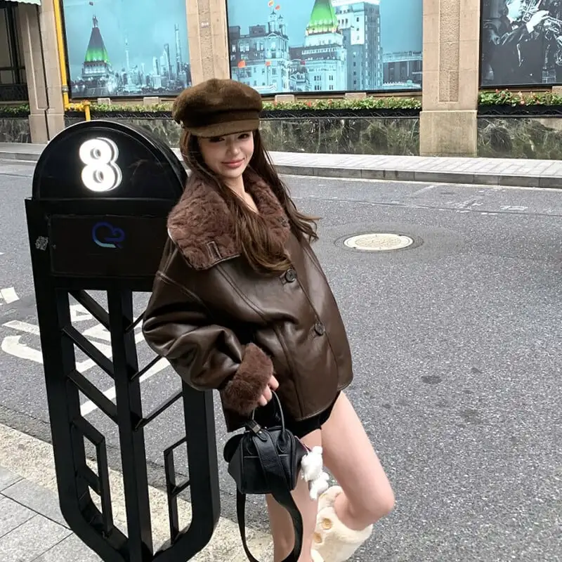 リバーシブルジャケット  ファーライニング ノッチドカラー コーヒー色