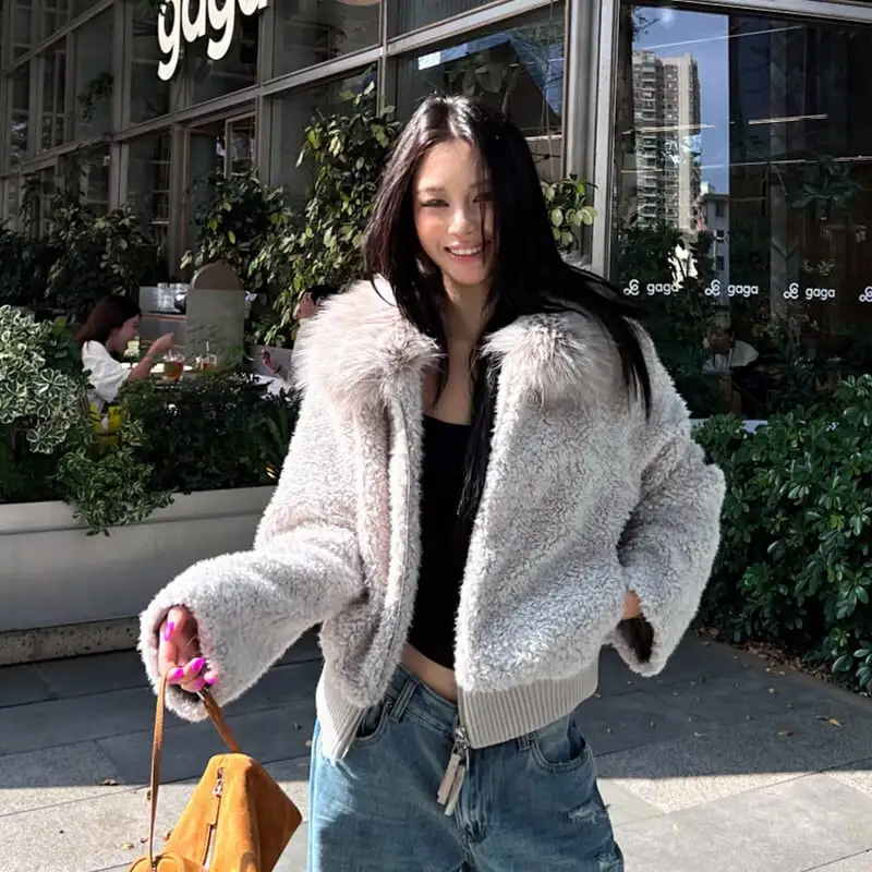 アウター ルーズフィット ファーフード付きジップアップ ジッパー グレー