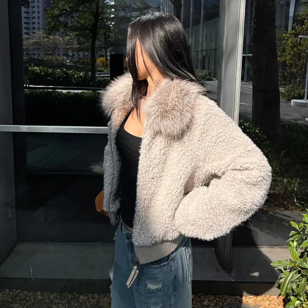 アウター ルーズフィット ファーフード付きジップアップ ジッパー グレー