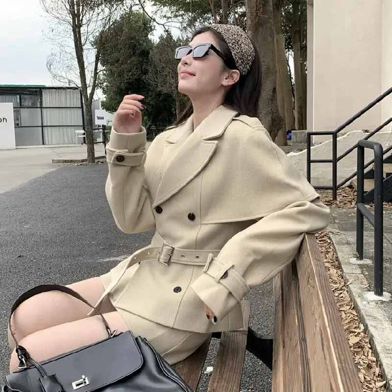 セットアップ スリーブドケープコート+スカート ミニマリストファッション ダークベージュ