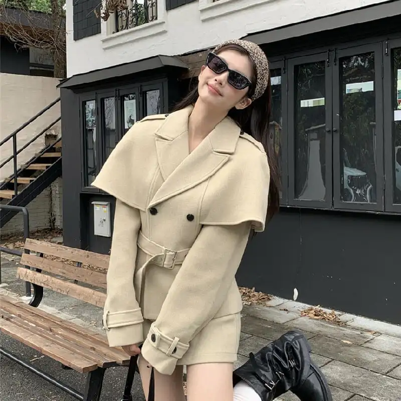 セットアップ スリーブドケープコート+スカート ミニマリストファッション ダークベージュ