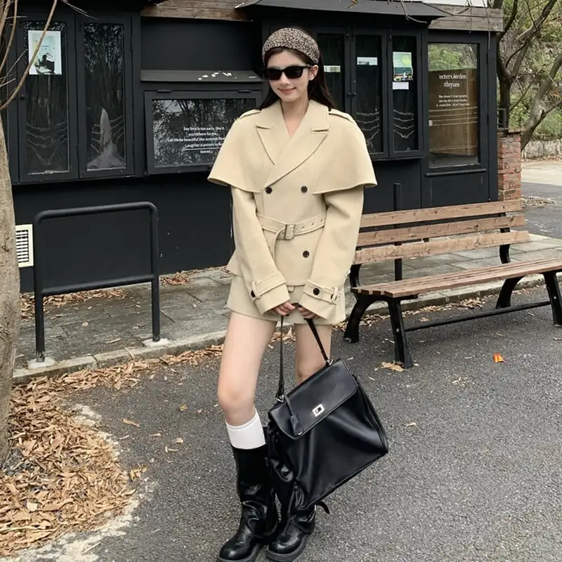 セットアップ スリーブドケープコート+スカート ミニマリストファッション ダークベージュ