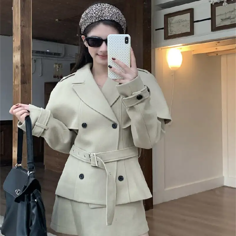 セットアップ スリーブドケープコート+スカート ミニマリストファッション ダークベージュ