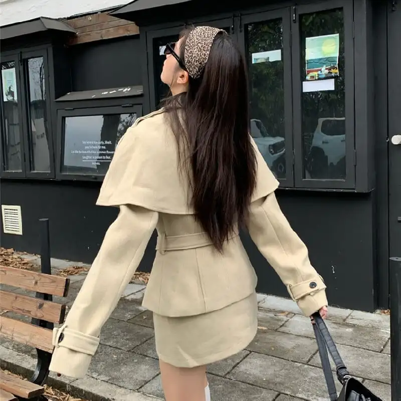 セットアップ スリーブドケープコート+スカート ミニマリストファッション ダークベージュ