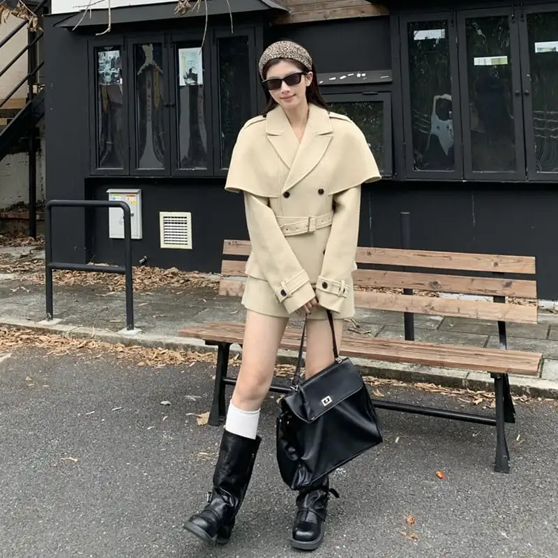 セットアップ スリーブドケープコート+スカート ミニマリストファッション ダークベージュ