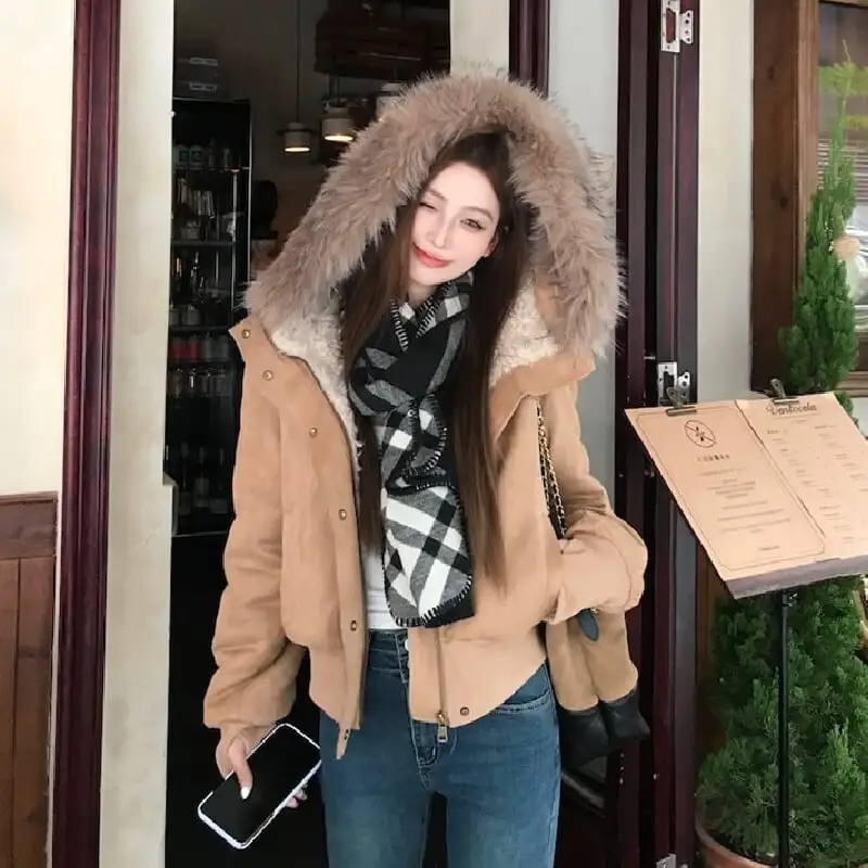 アウター スエード ファー付きフード ジャケット ライトブラウン