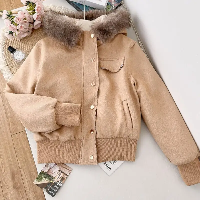 アウター スエード ファー付きフード ジャケット ライトブラウン