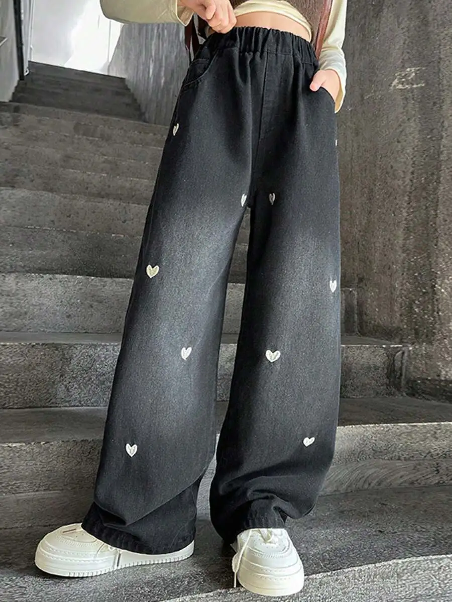 【110-150cm】ハート柄 刺繍 ワイドレッグ ジーンズ