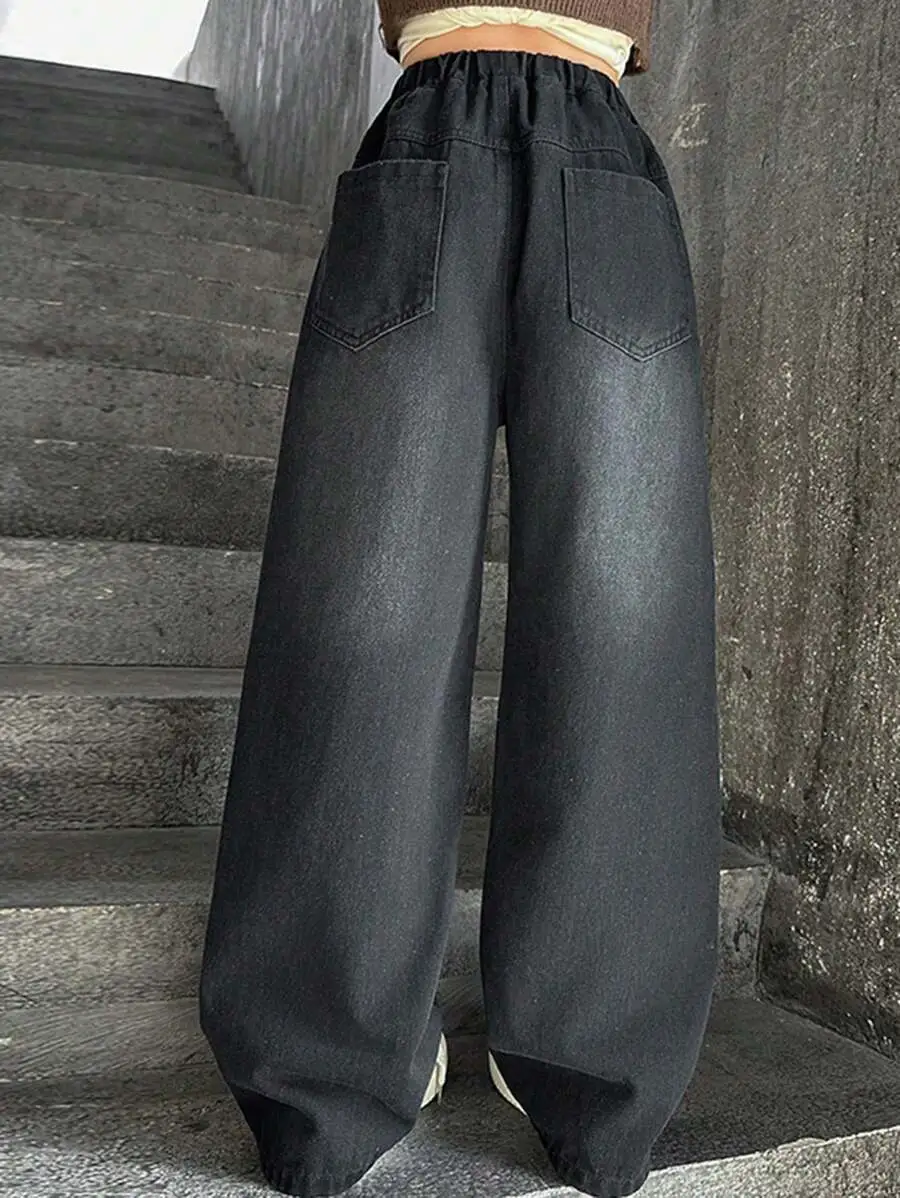 【110-150cm】ハート柄 刺繍 ワイドレッグ ジーンズ