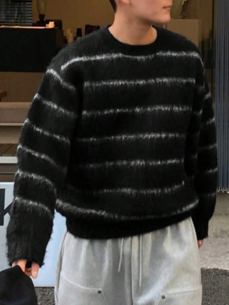 ユニセックス カジュアル ルーズフィット ストライプ柄 プルオーバーセーター