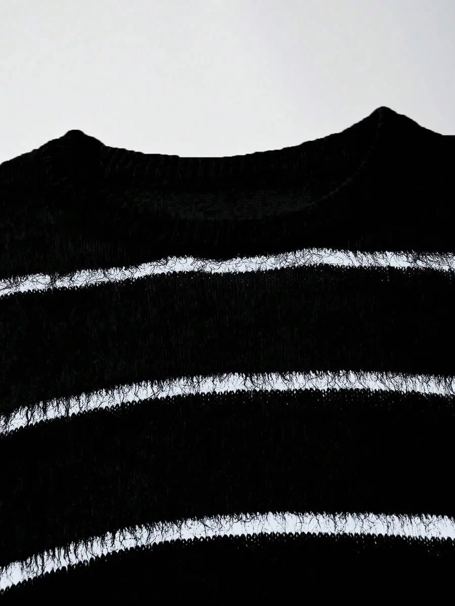 ユニセックス カジュアル ルーズフィット ストライプ柄 プルオーバーセーター