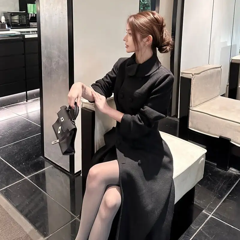 アウター ロングコート ダブルブレスト 気質満点 オーバーコート ブラック