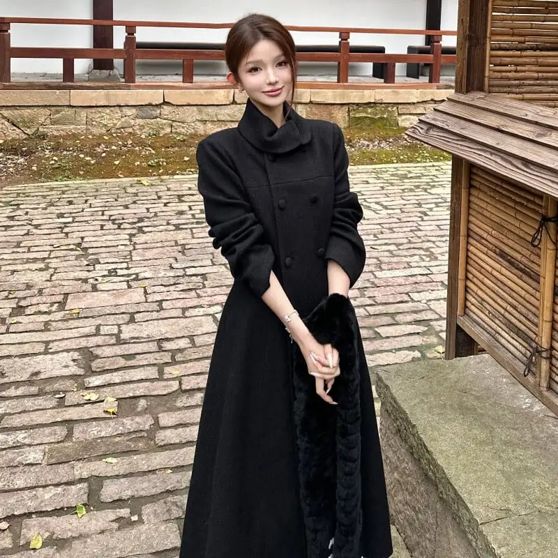 アウター ロングコート ダブルブレスト 気質満点 オーバーコート ブラック