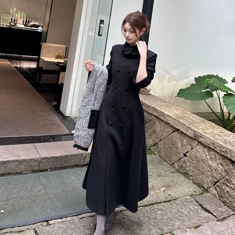 アウター ロングコート ダブルブレスト 気質満点 オーバーコート ブラック