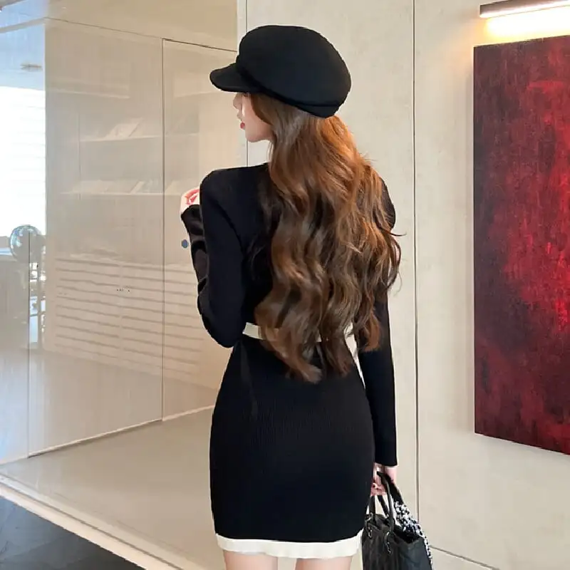 ワンピース ニット 配色 Vネック 長袖 膝上 ブラック