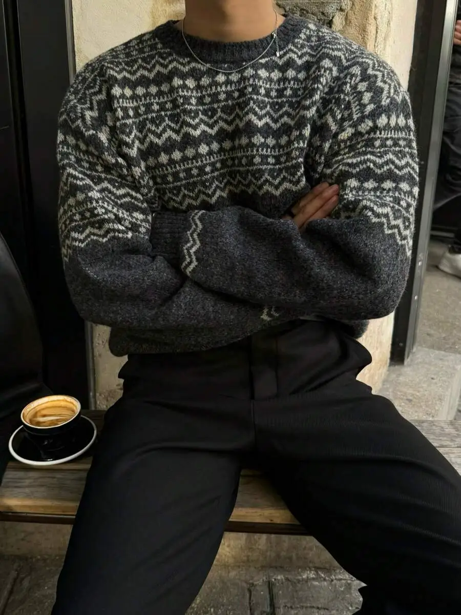 ラウンドネック ルーズ ユニセックス プルオーバー ニット 長袖 セーター