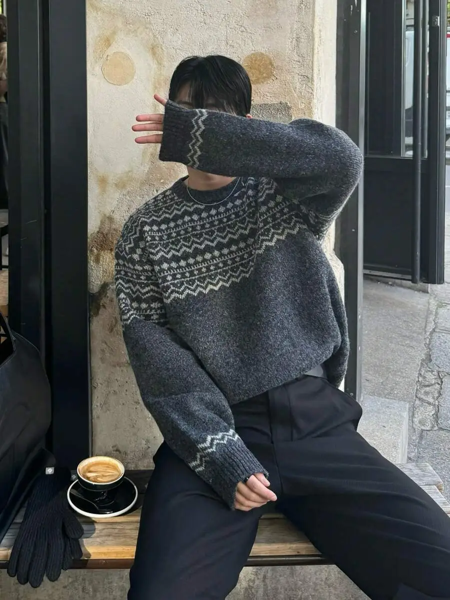 ラウンドネック ルーズ ユニセックス プルオーバー ニット 長袖 セーター