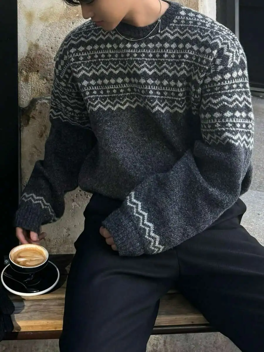 ラウンドネック ルーズ ユニセックス プルオーバー ニット 長袖 セーター