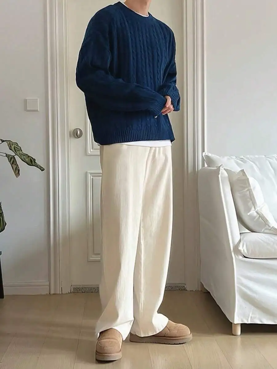 ゆったりスタイル 厚手 ドロップショルダー ラウンドネック セーター