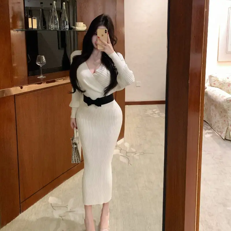 3colors スリム ニットワンピース フェミニン ピンク ホワイト ブラック