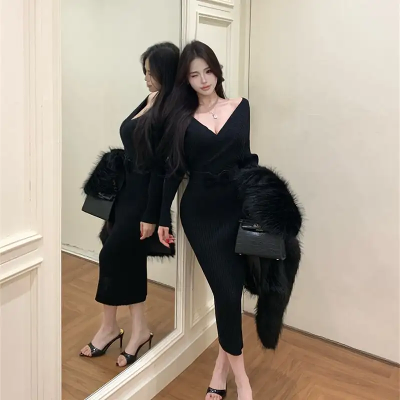 3colors スリム ニットワンピース フェミニン ピンク ホワイト ブラック