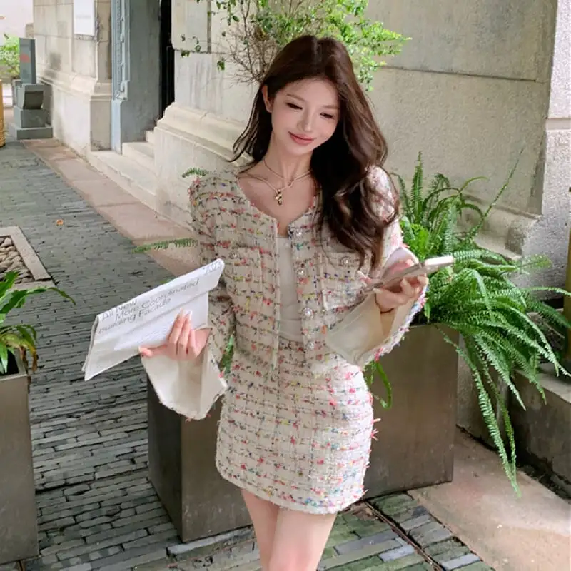 セットアップ ジャケット+スカート ツイード ストライプ柄 カラフル