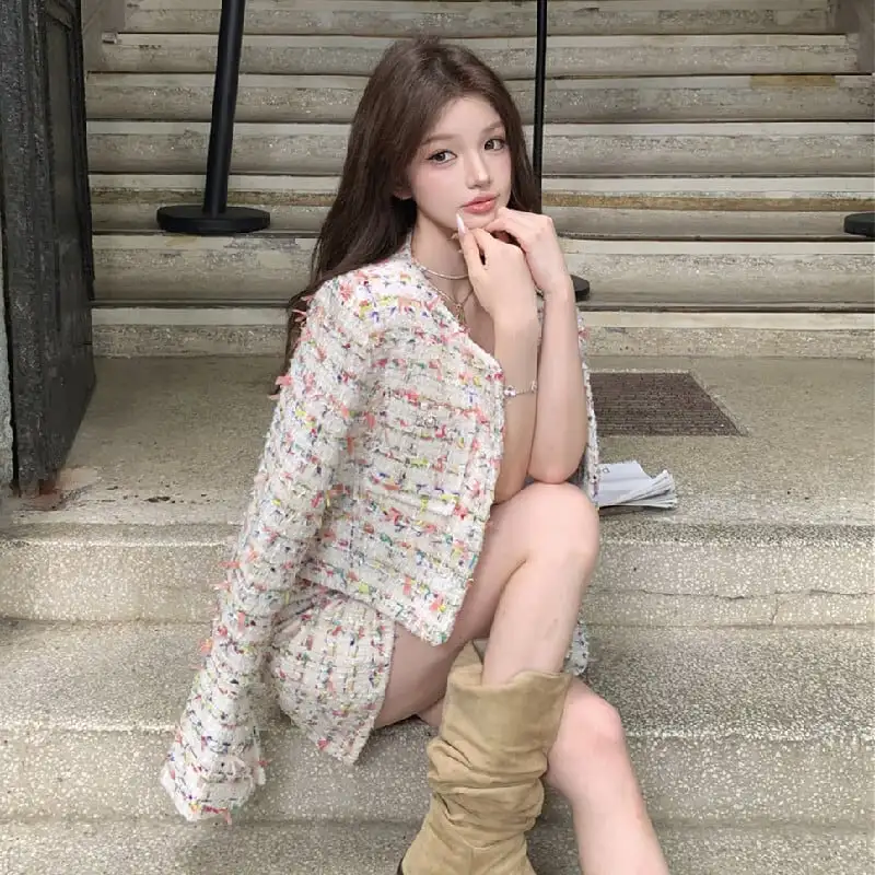 セットアップ ジャケット+スカート ツイード ストライプ柄 カラフル