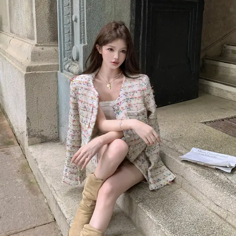 セットアップ ジャケット+スカート ツイード ストライプ柄 カラフル