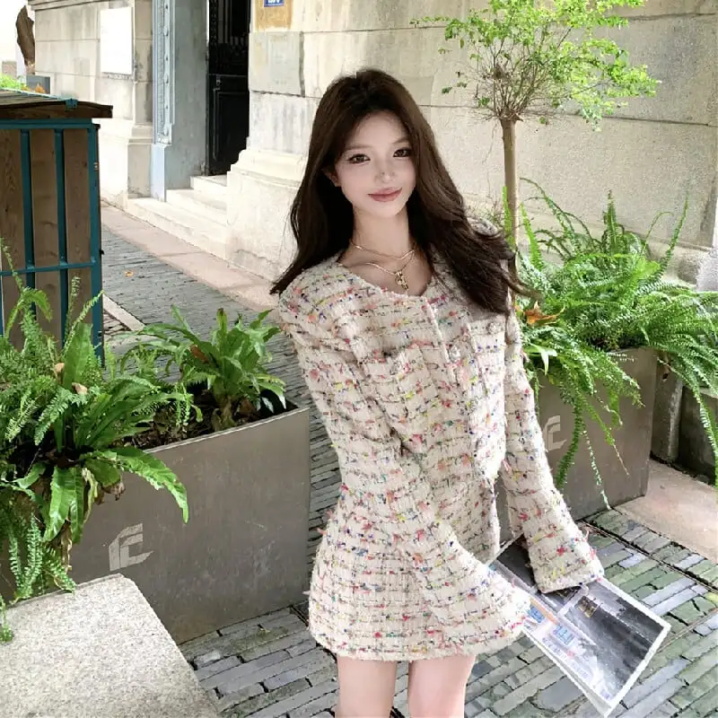 セットアップ ジャケット+スカート ツイード ストライプ柄 カラフル