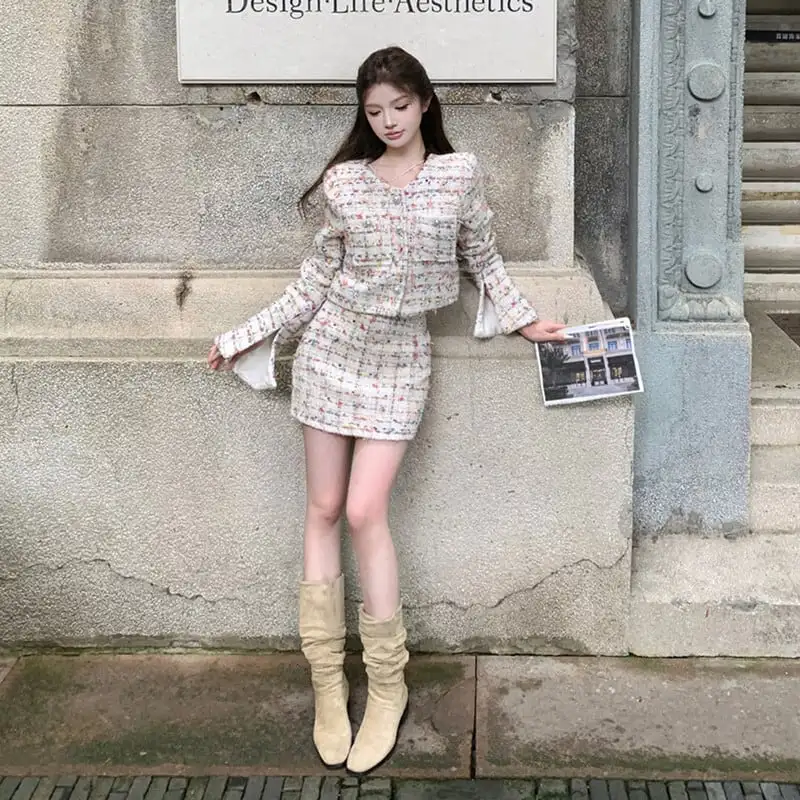 セットアップ ジャケット+スカート ツイード ストライプ柄 カラフル