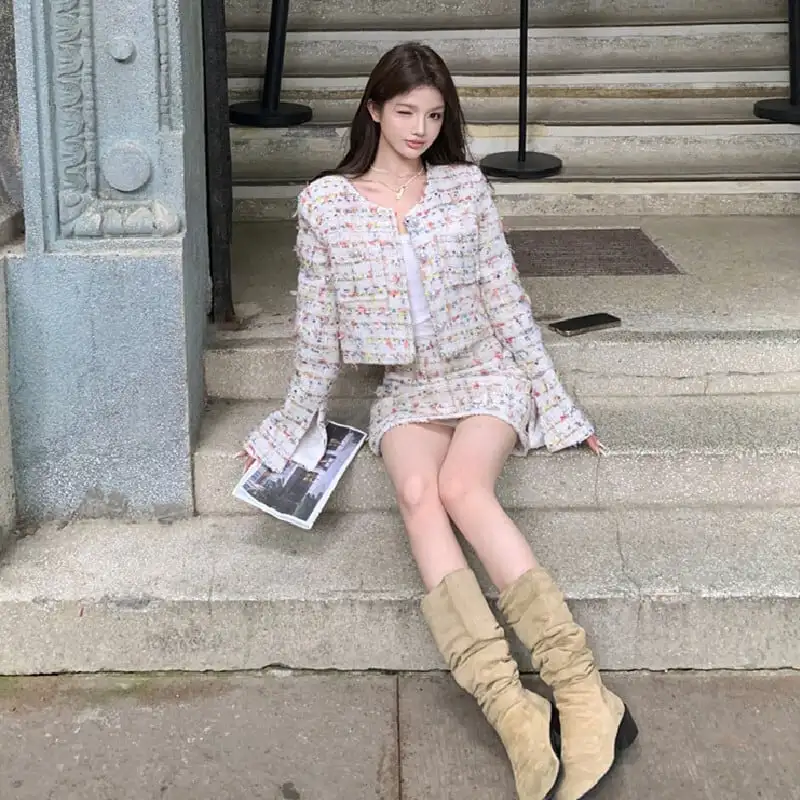 セットアップ ジャケット+スカート ツイード ストライプ柄 カラフル