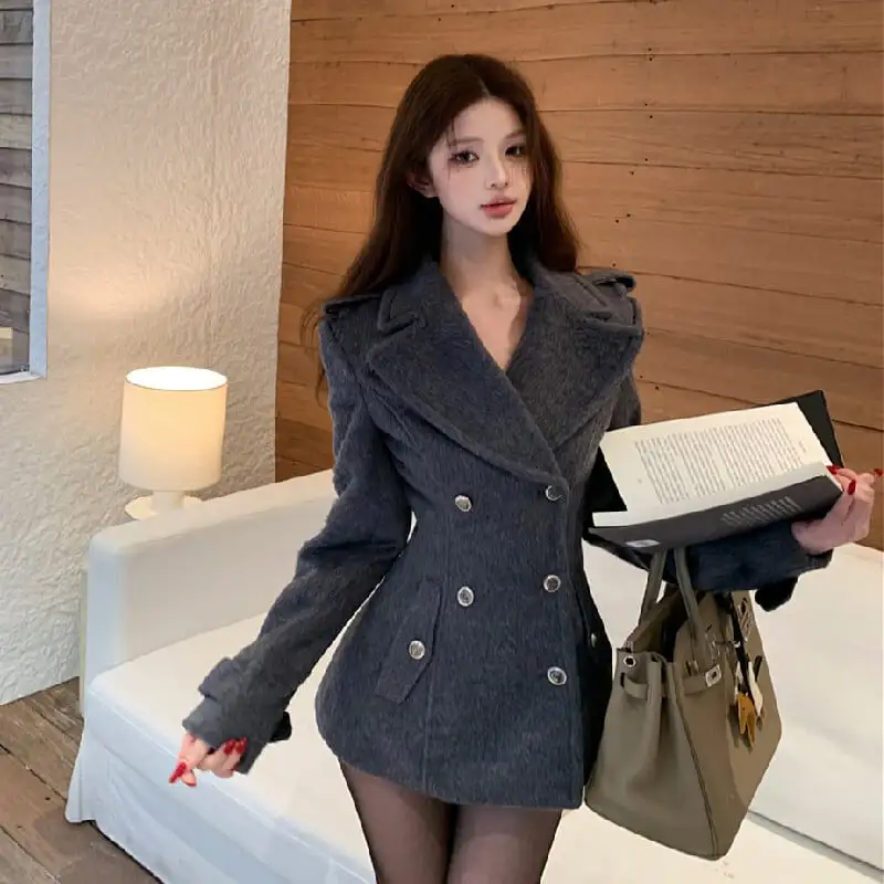 ヴィンテージ風 ウェストイン スマートシルエット グレー スーツジャケット風アウター