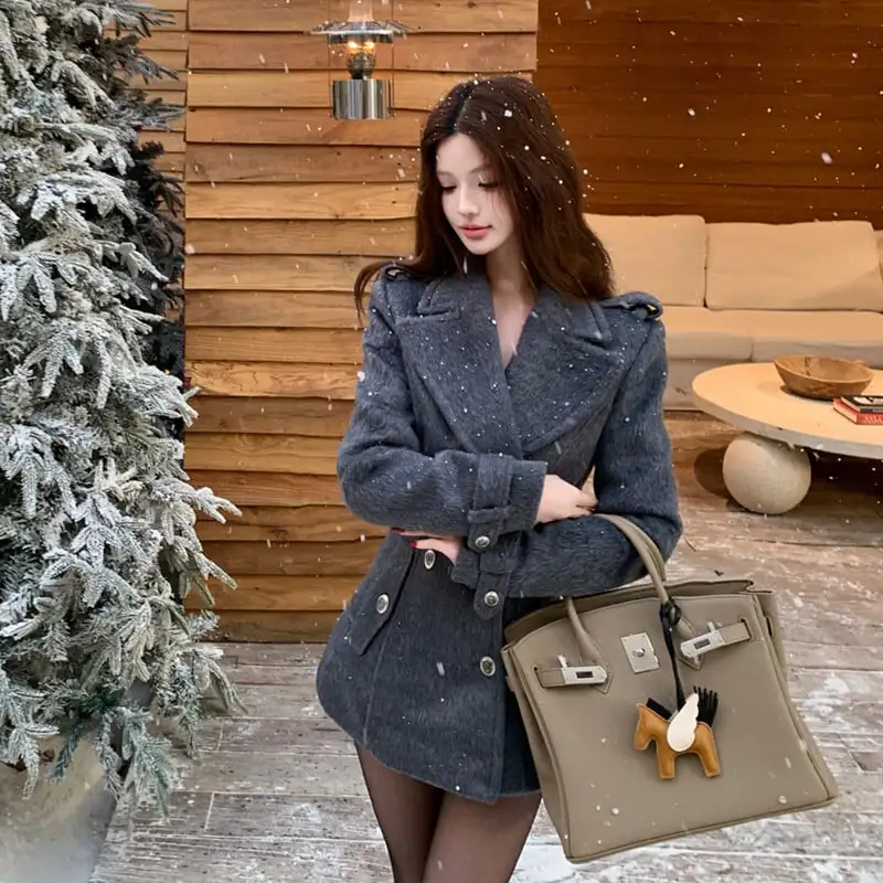 ヴィンテージ風 ウェストイン スマートシルエット グレー スーツジャケット風アウター