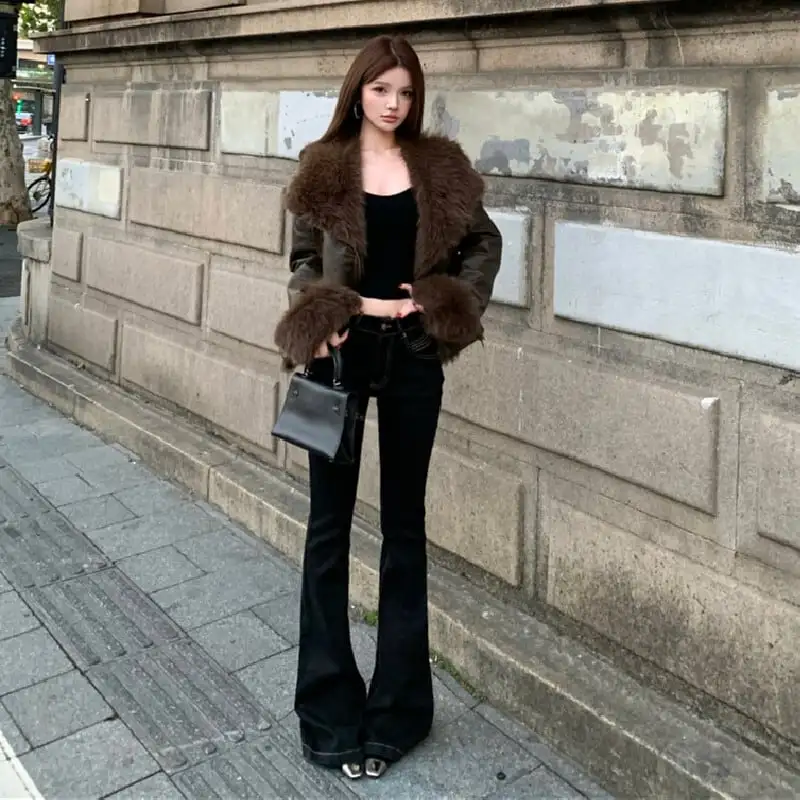 シルエット抜群 スリムジャケット バイカー風 大人カジュアル コーヒー色