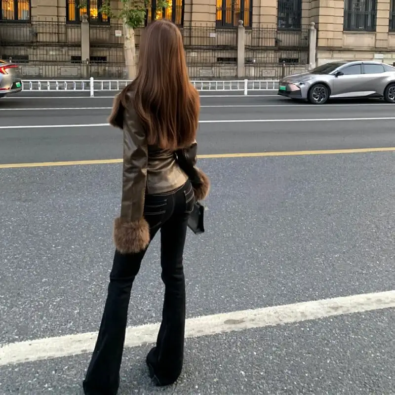 シルエット抜群 スリムジャケット バイカー風 大人カジュアル コーヒー色