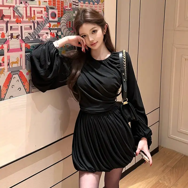 2colors ランタンスリーブ ワンピース ドレープ ブラック ホワイト