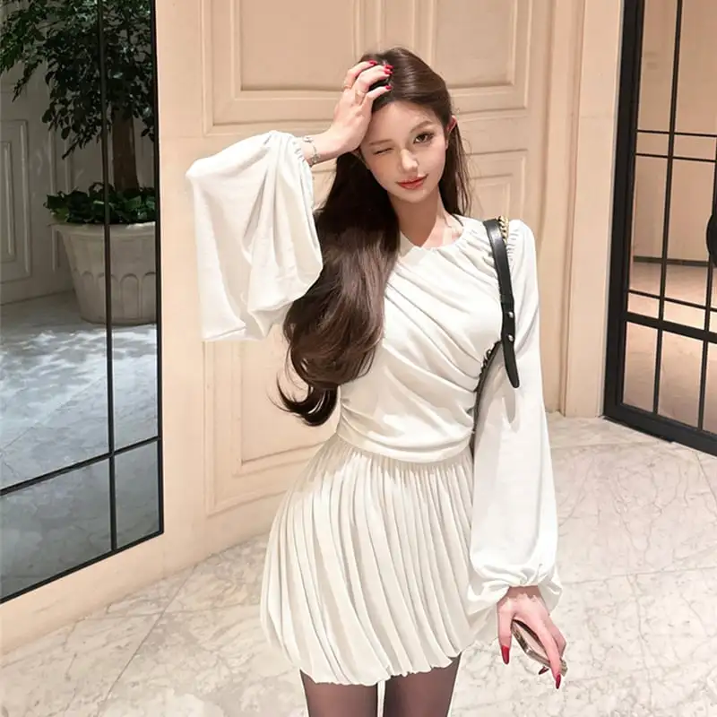 2colors ランタンスリーブ ワンピース ドレープ ブラック ホワイト