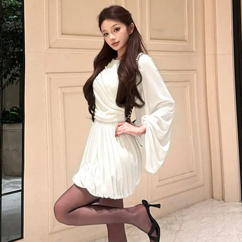 2colors ランタンスリーブ ワンピース ドレープ ブラック ホワイト