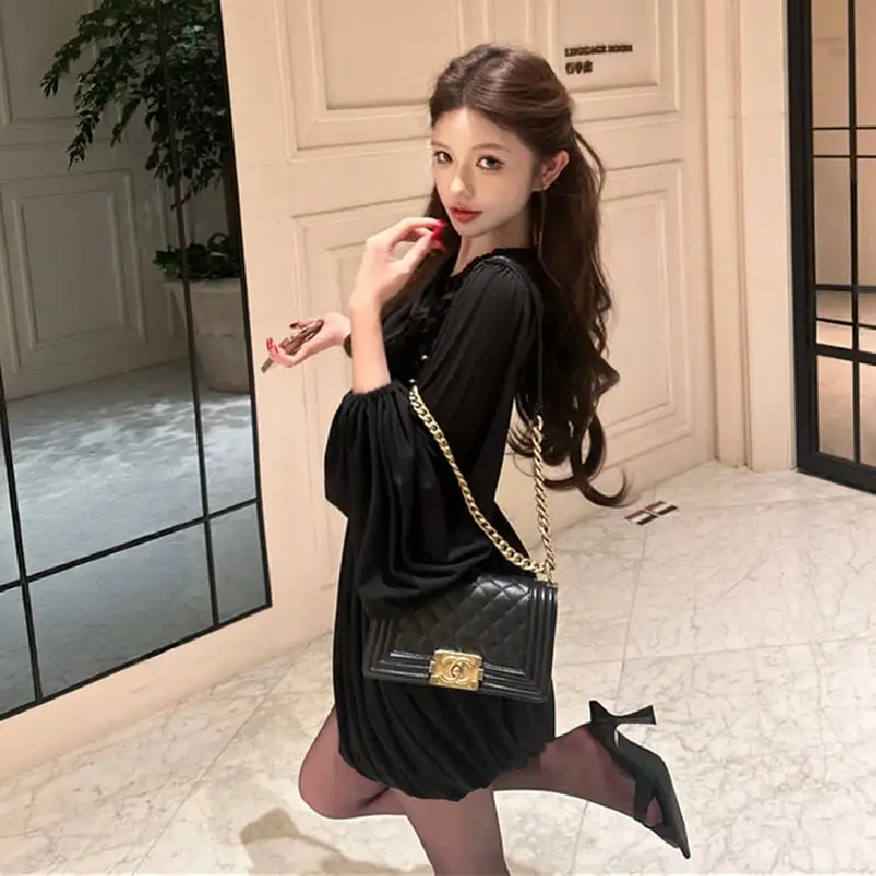 2colors ランタンスリーブ ワンピース ドレープ ブラック ホワイト